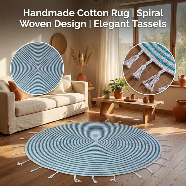 Aqua Blue And White Premium Cotton Floor Rug For Home Decor