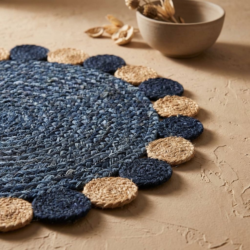 Dark Blue And Brown Premium Denim And Jute Floor Mat For Home Décor
