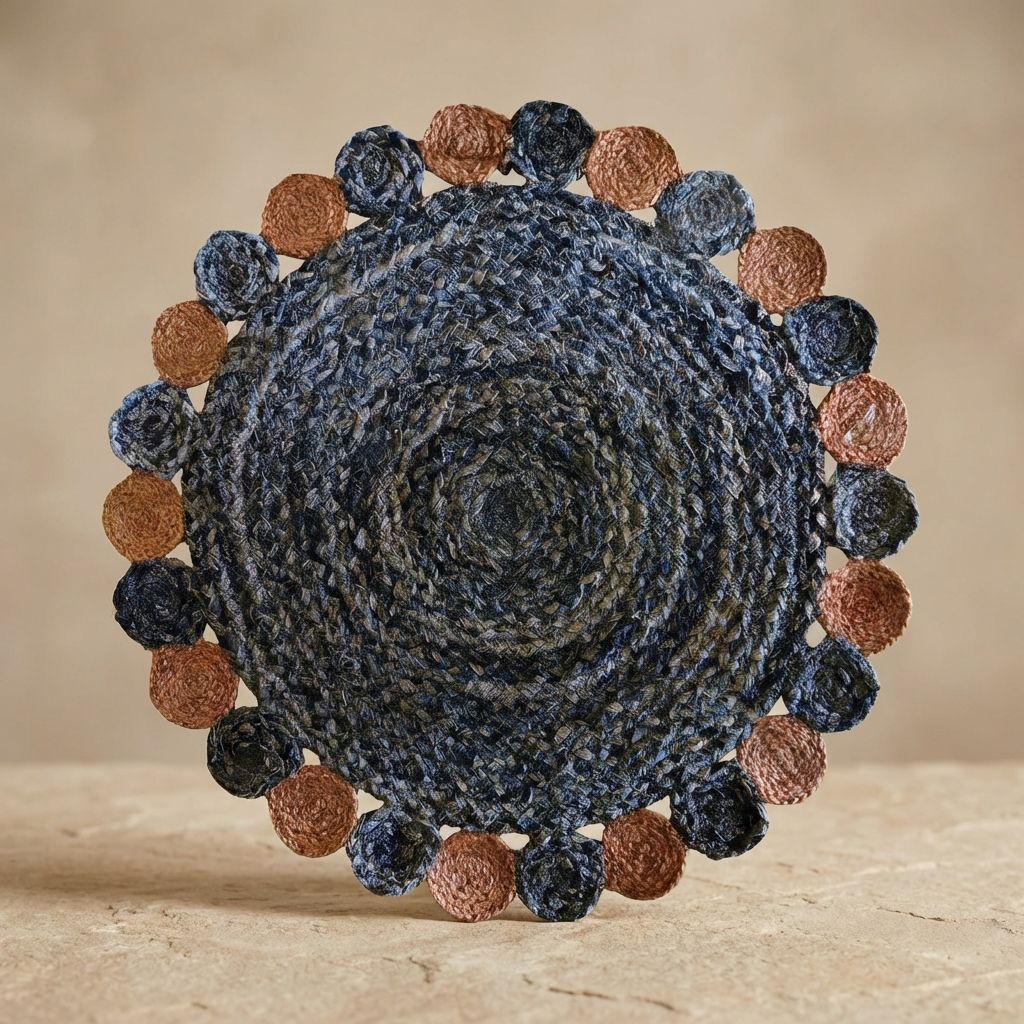 Dark Blue And Brown Premium Denim And Jute Floor Mat For Home Décor