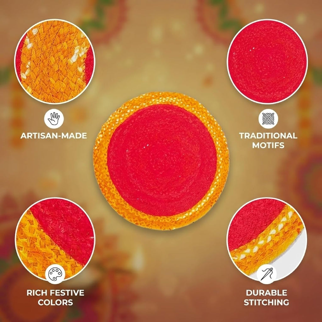 Red And Yellow Premium Cotton Rangoli Mat For Home Decor