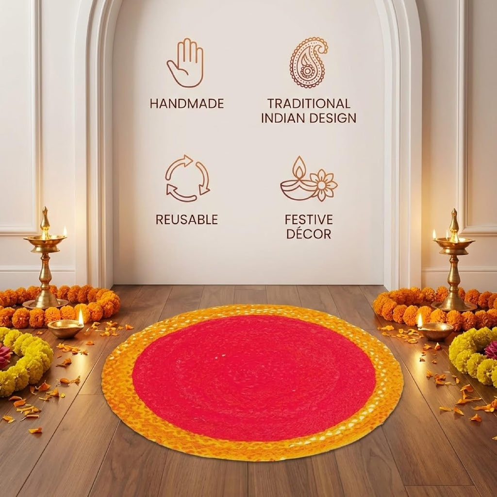 Red And Yellow Premium Cotton Rangoli Mat For Home Decor