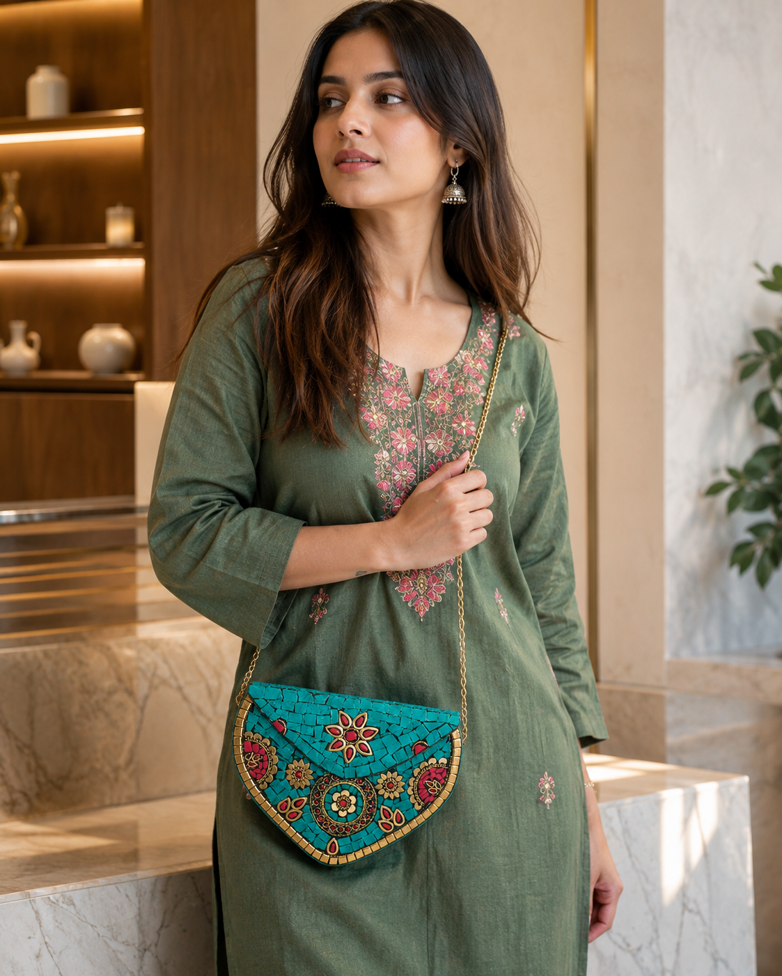 Emerald Mandala Jute Clutch