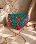 Turquoise Blossom Jute Clutch