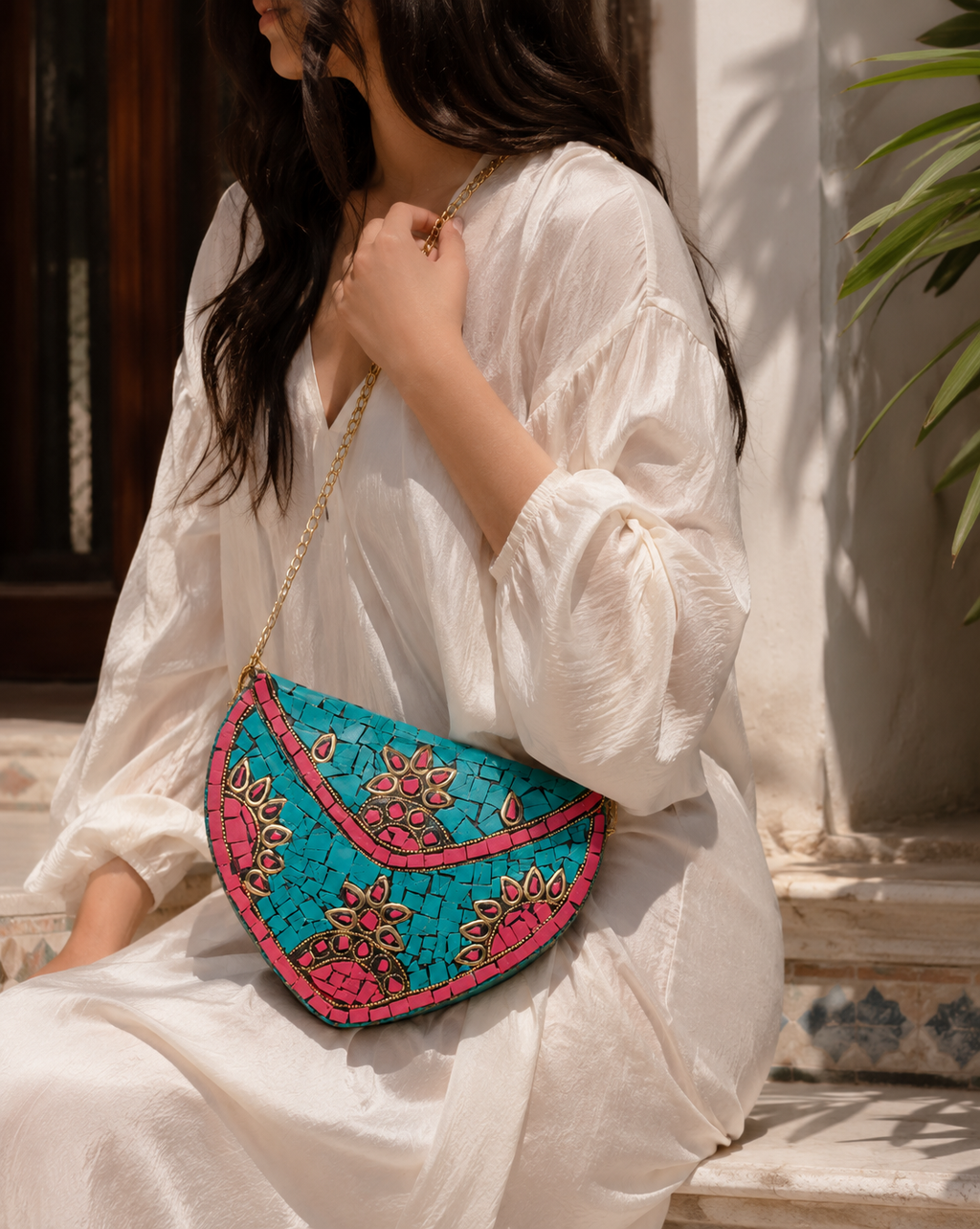 Turquoise Blossom Jute Clutch