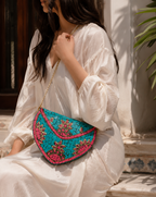 Turquoise Blossom Jute Clutch