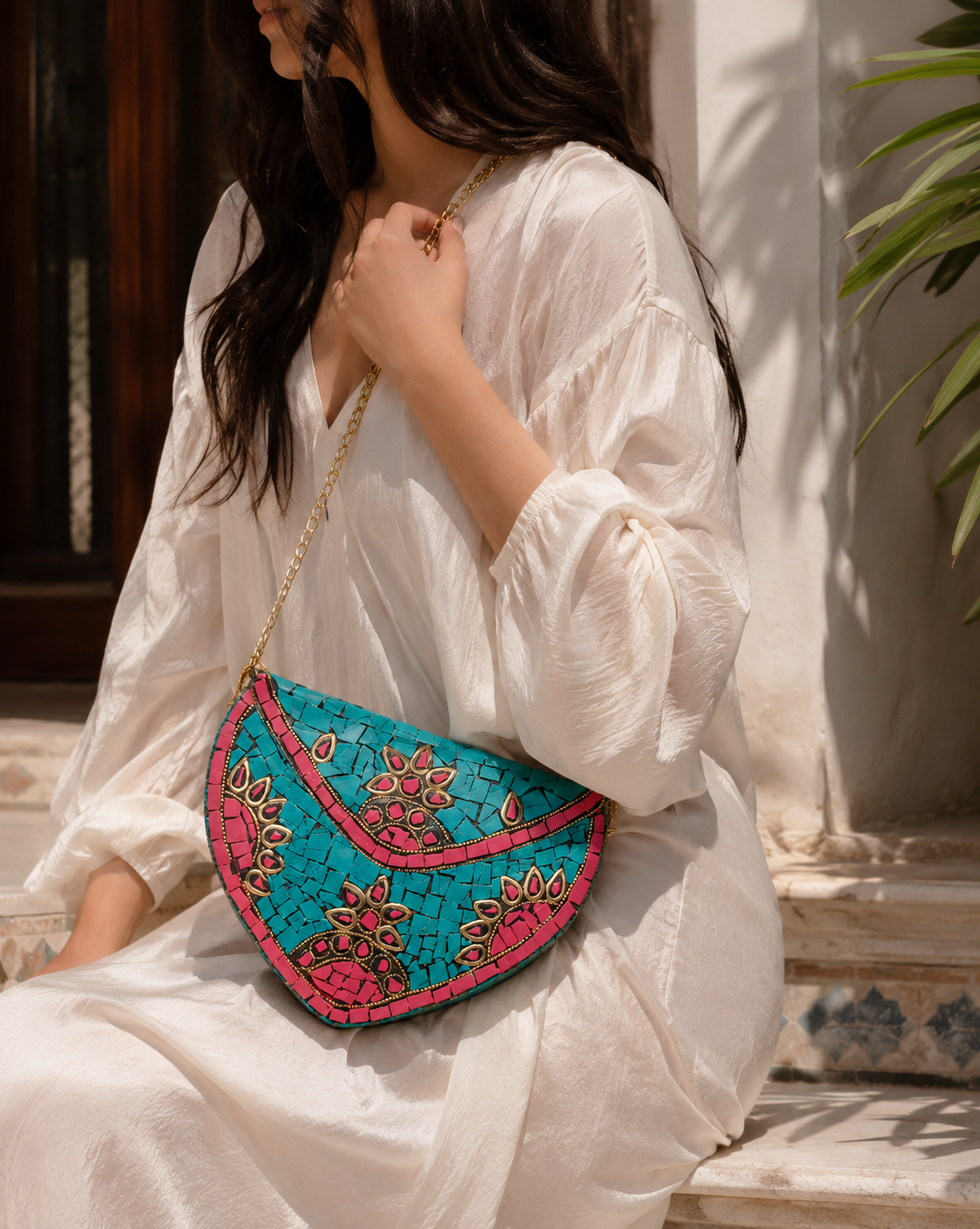 Turquoise Blossom Jute Clutch