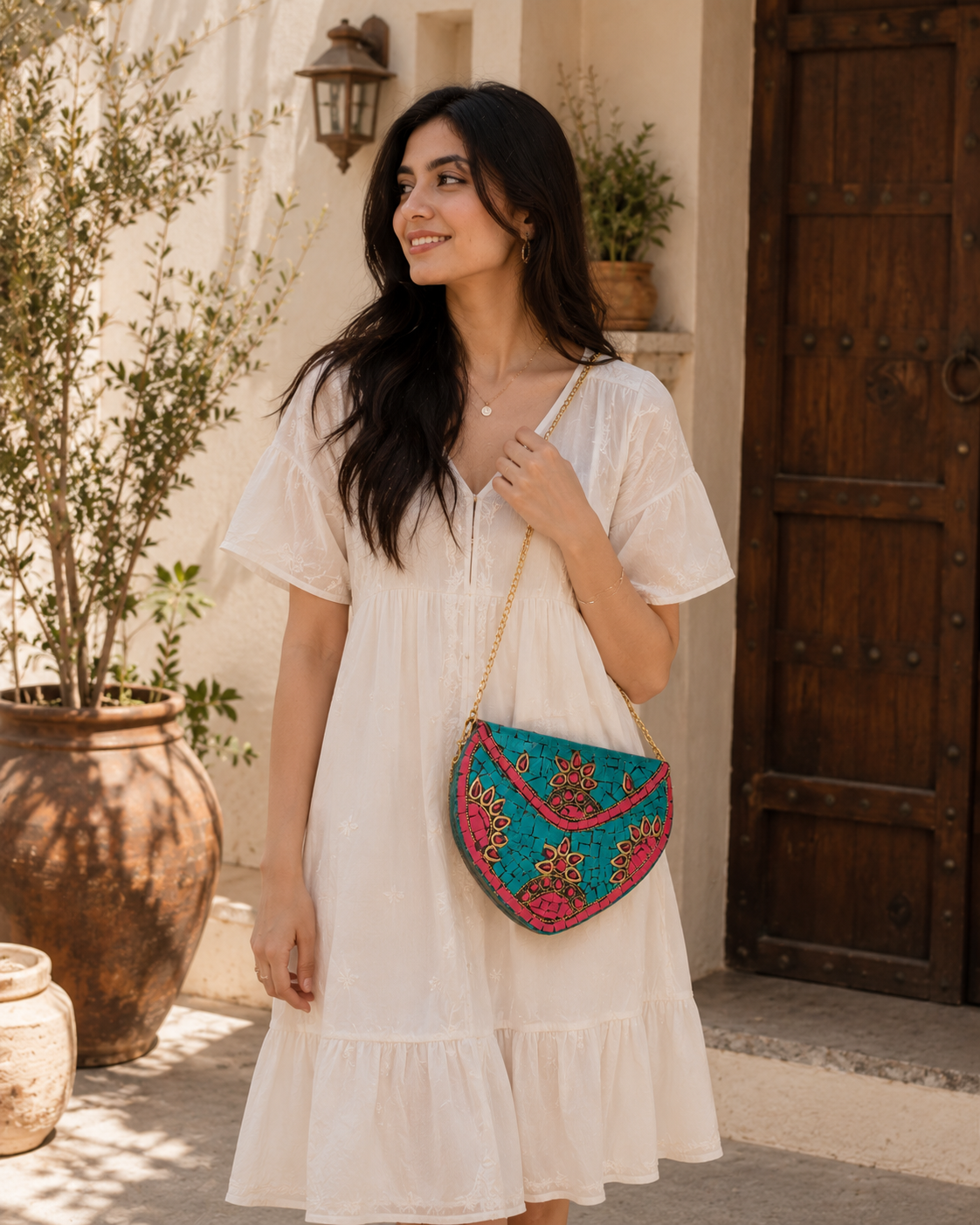 Turquoise Blossom Jute Clutch