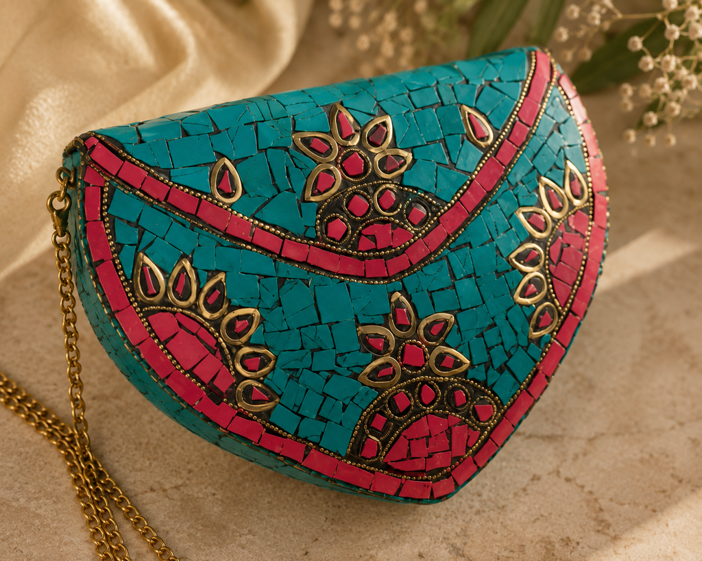 Turquoise Blossom Jute Clutch