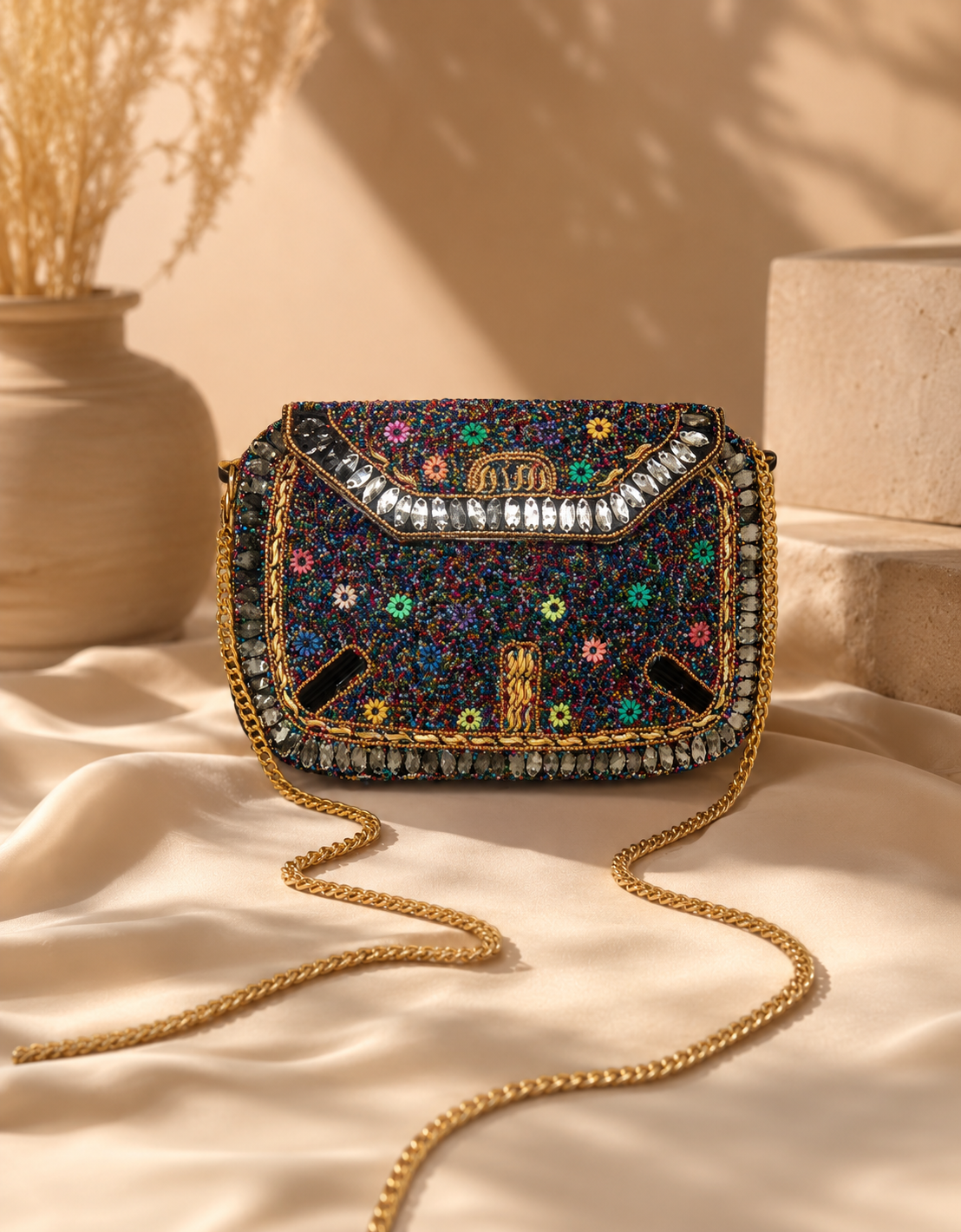 Midnight Bloom Jute Clutch