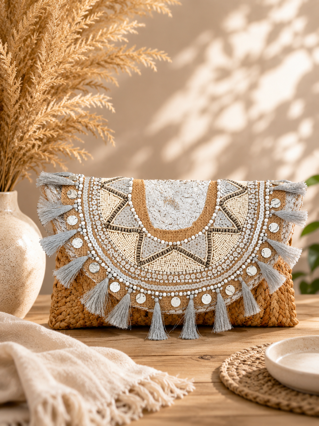 Silver Tassel Luxe Jute Purse