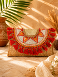 Coral Tassel Charm Jute Purse