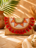 Coral Tassel Charm Jute Purse
