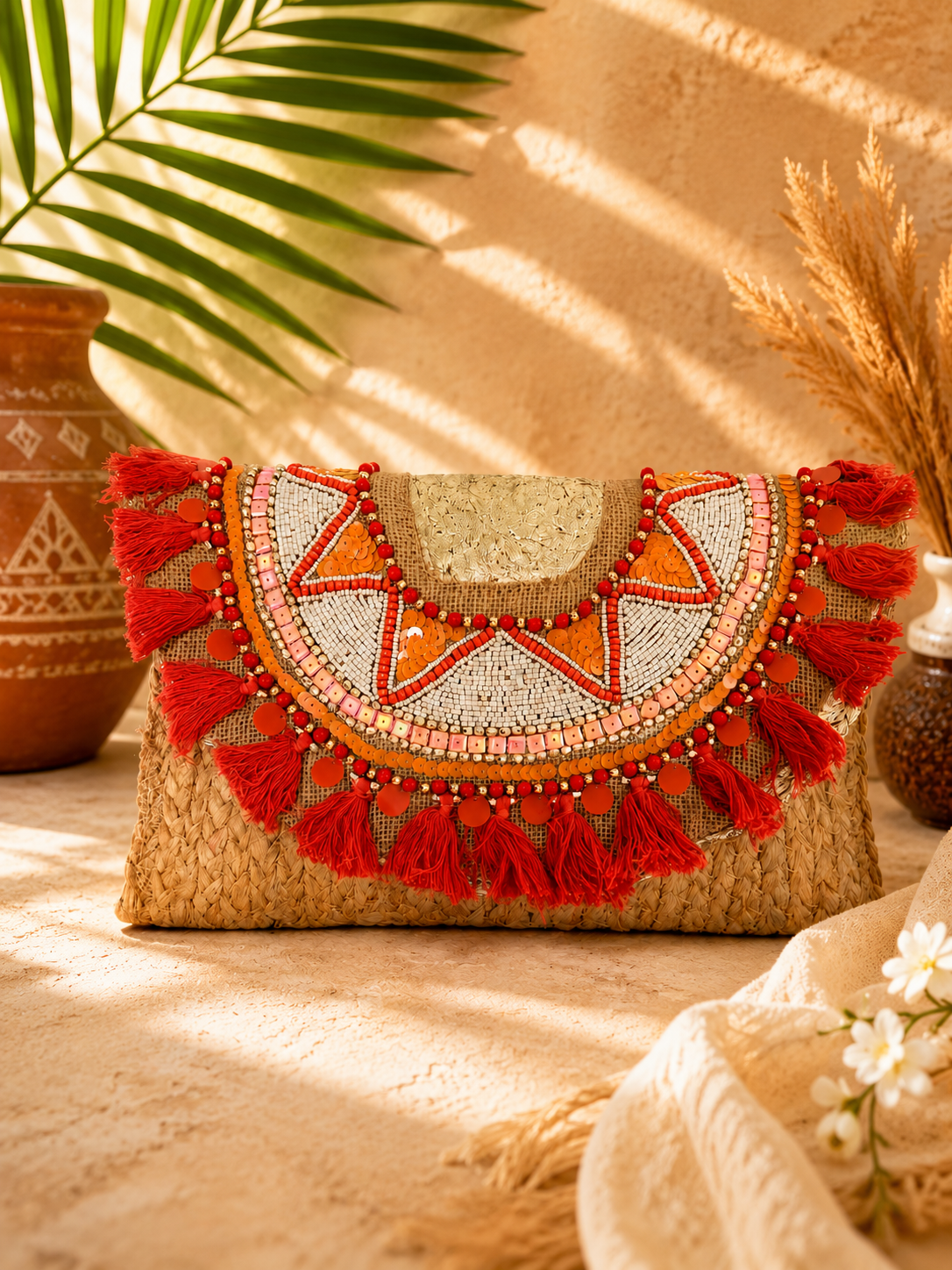 Coral Tassel Charm Jute Purse