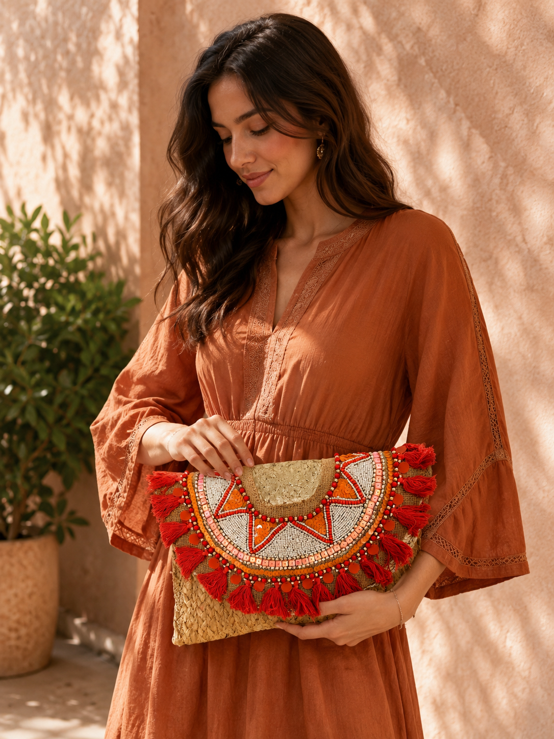 Coral Tassel Charm Jute Purse