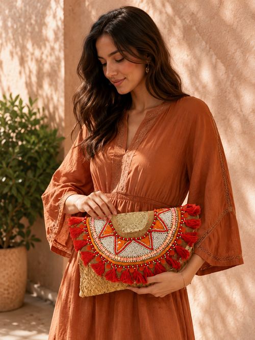 Coral Tassel Charm Jute Purse