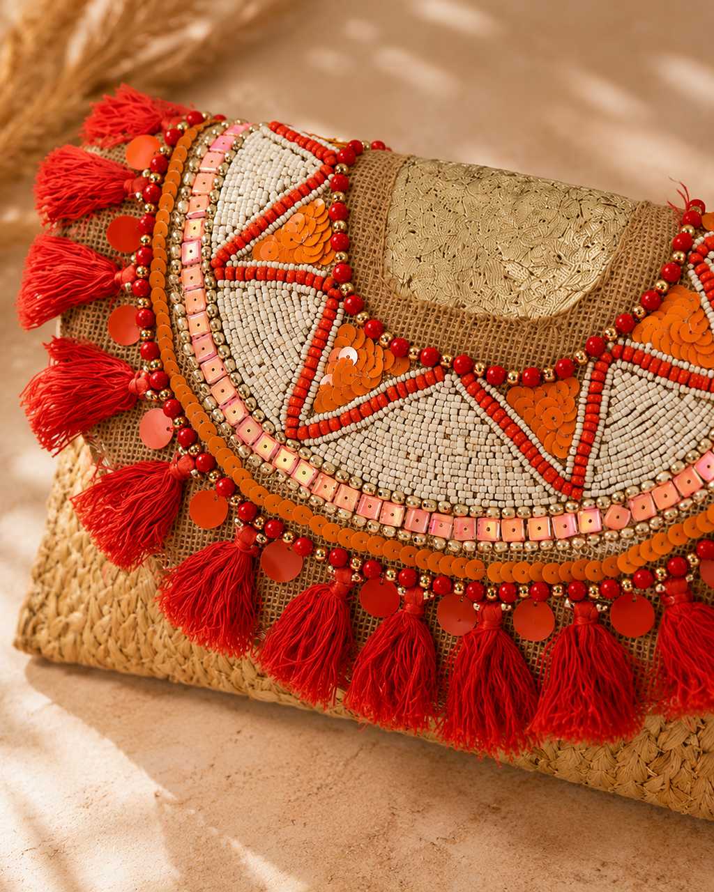 Coral Tassel Charm Jute Purse