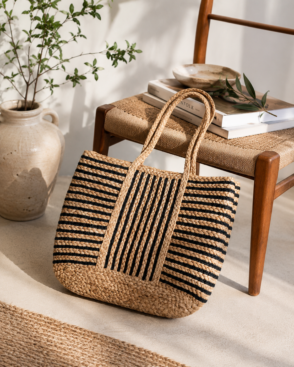 Classic Stripe Woven Tote Bag