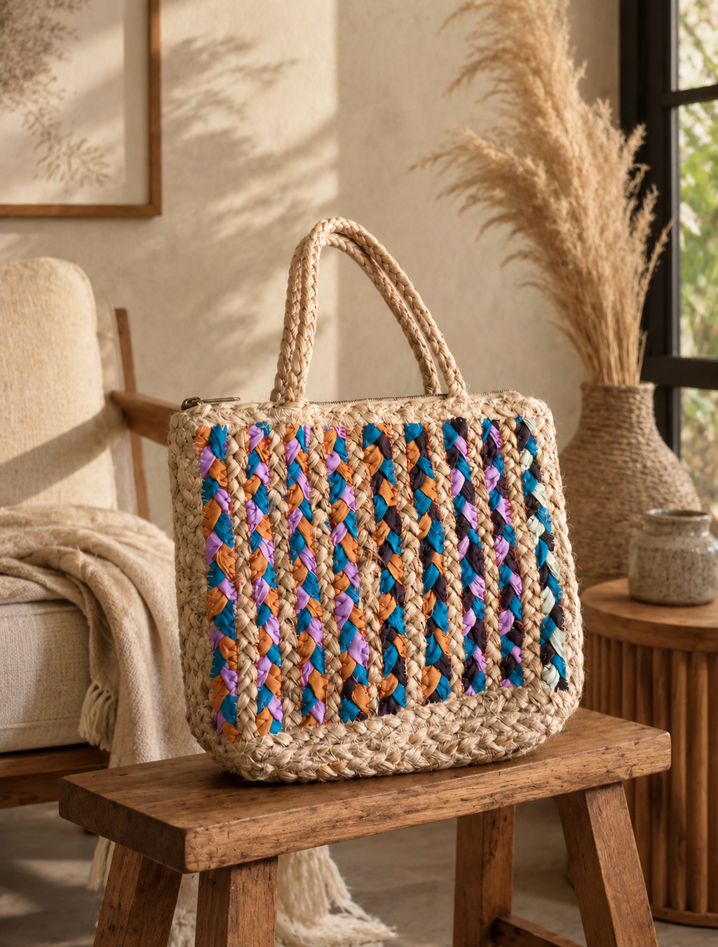 Multicolor Straw Tote Bag