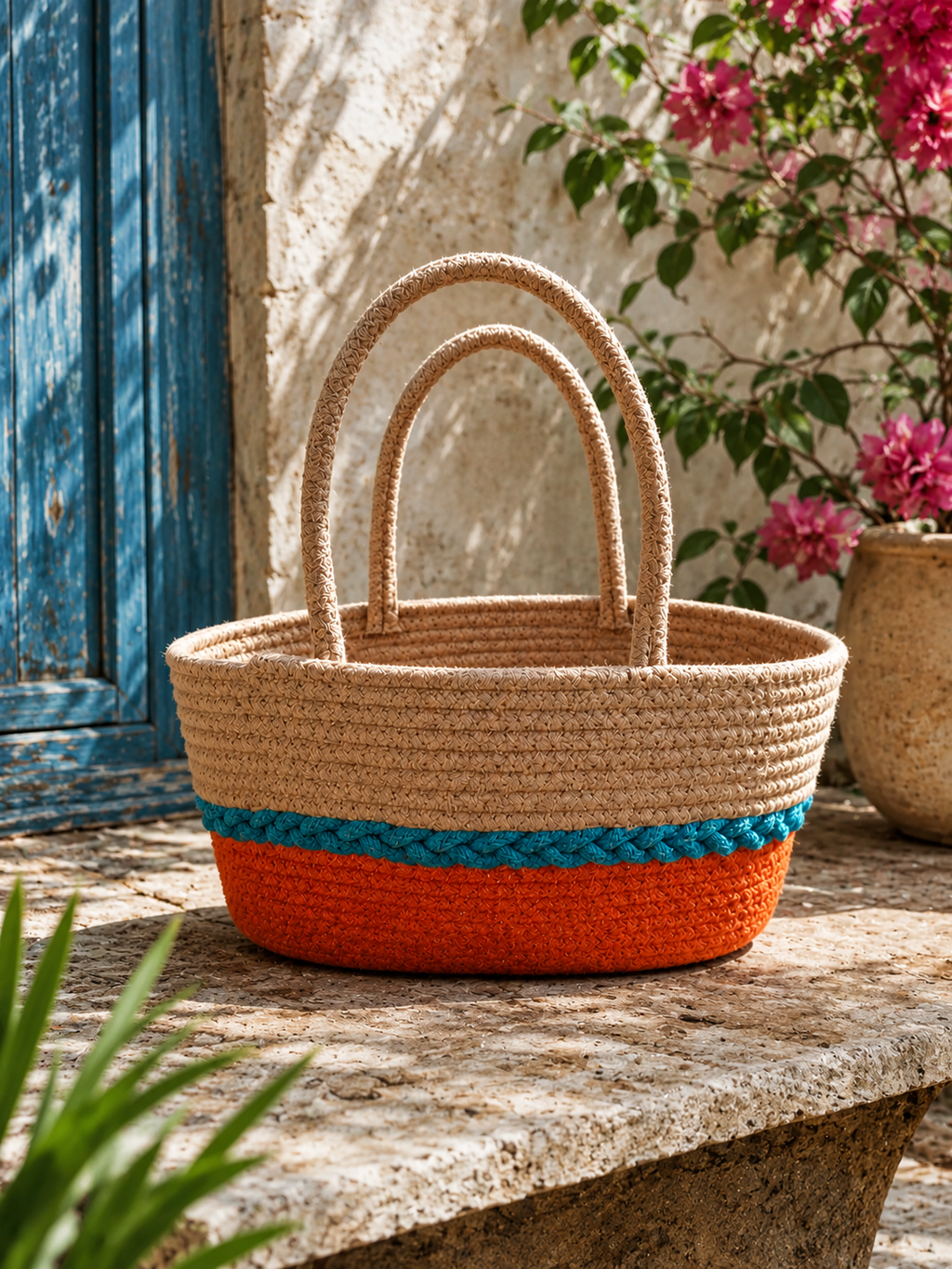 Natural Fiber Woven Bag with Orange and Blue Stripes