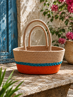 Natural Fiber Woven Bag with Orange and Blue Stripes