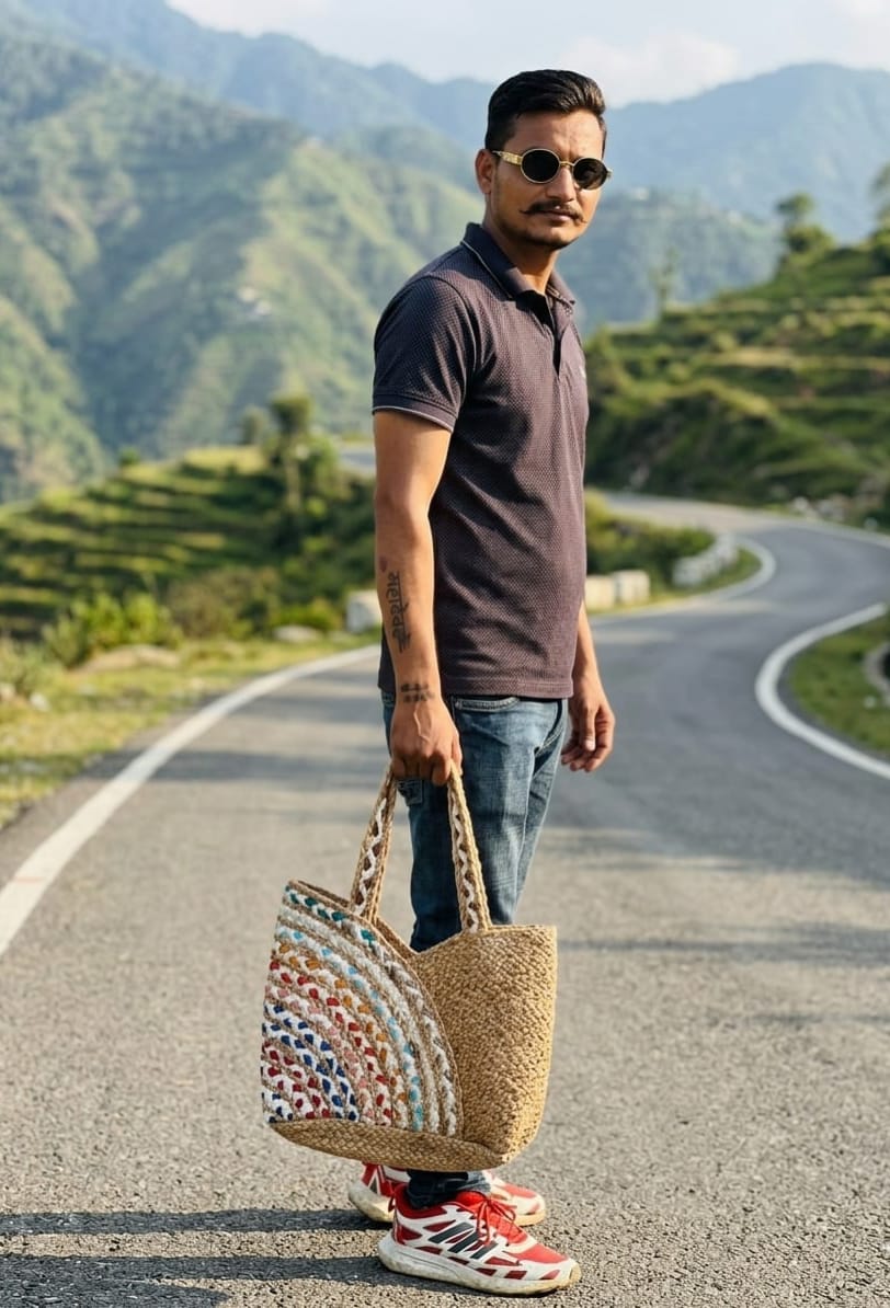 Handmade Jute & Cotton Tote Bag | Gift & Daily Use | 33×46 cm