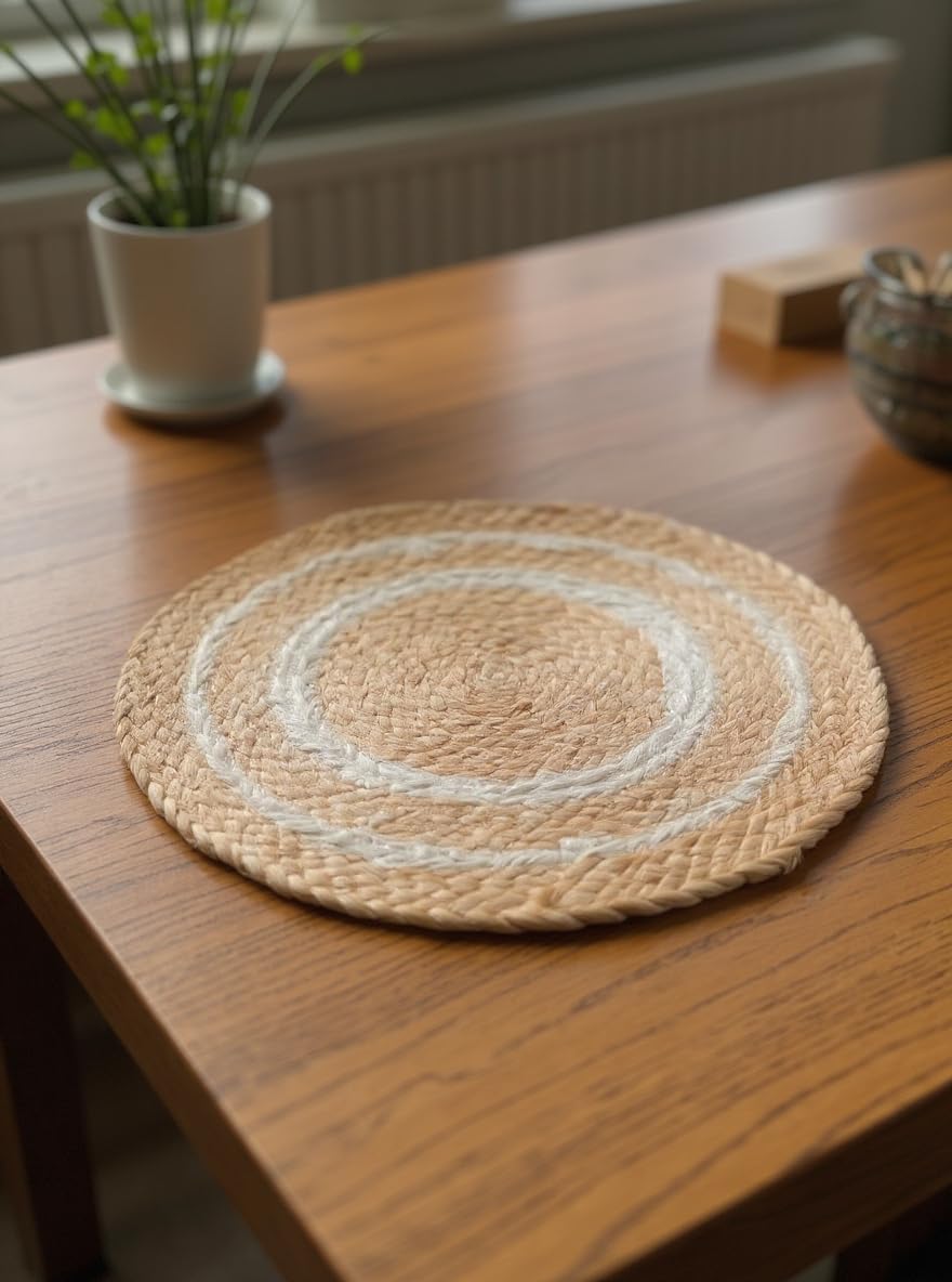 Jute And White Cotton Premium Jute White And Gold Table Mat For Home Decor
