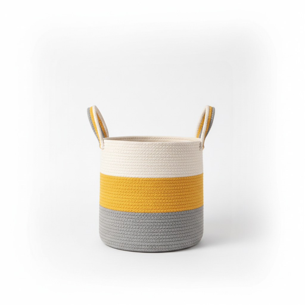 Large Braided Storage Basket – White, Yellow, and Gray
