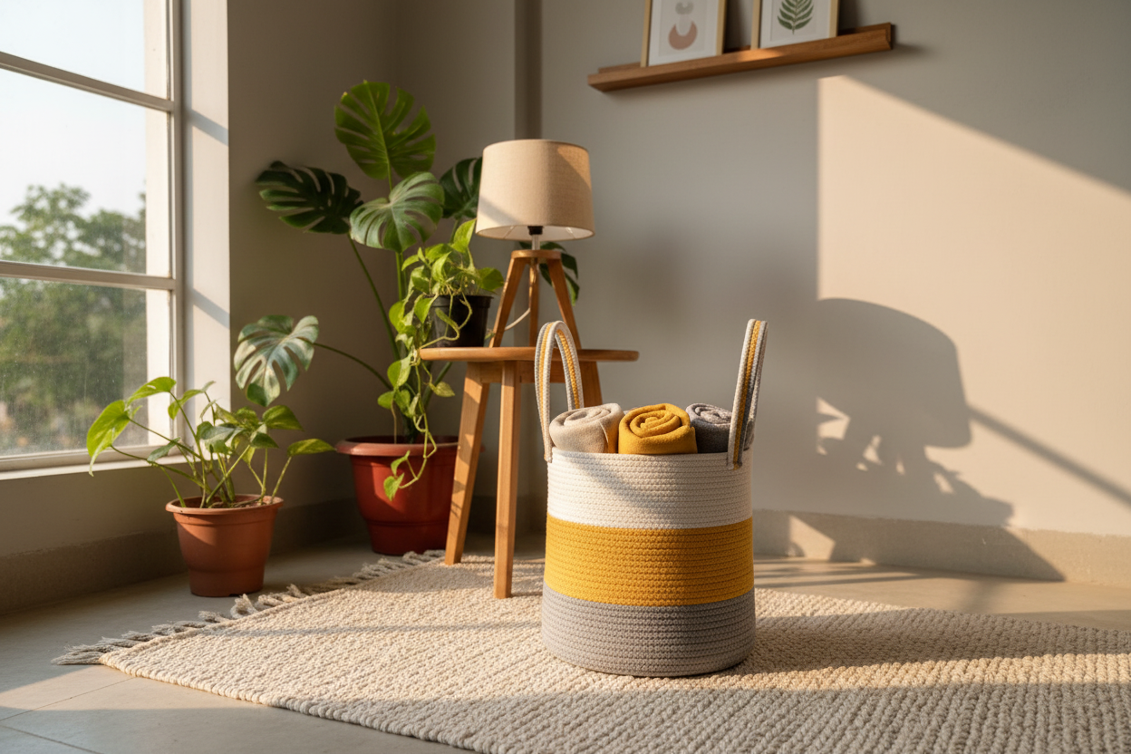 Large Braided Storage Basket – White, Yellow, and Gray