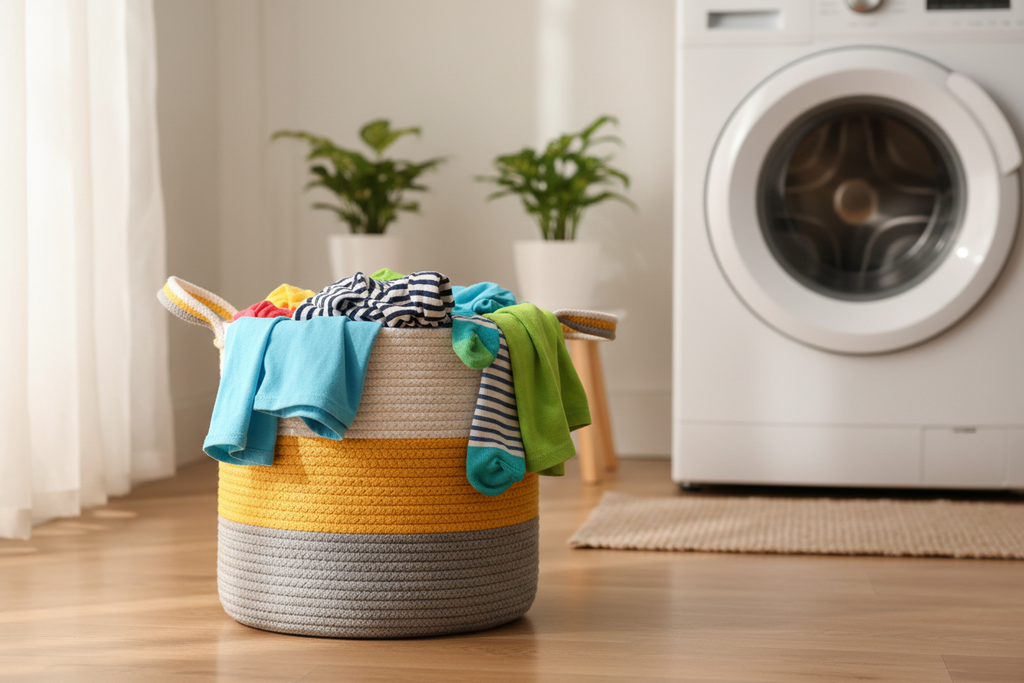 Large Braided Storage Basket – White, Yellow, and Gray