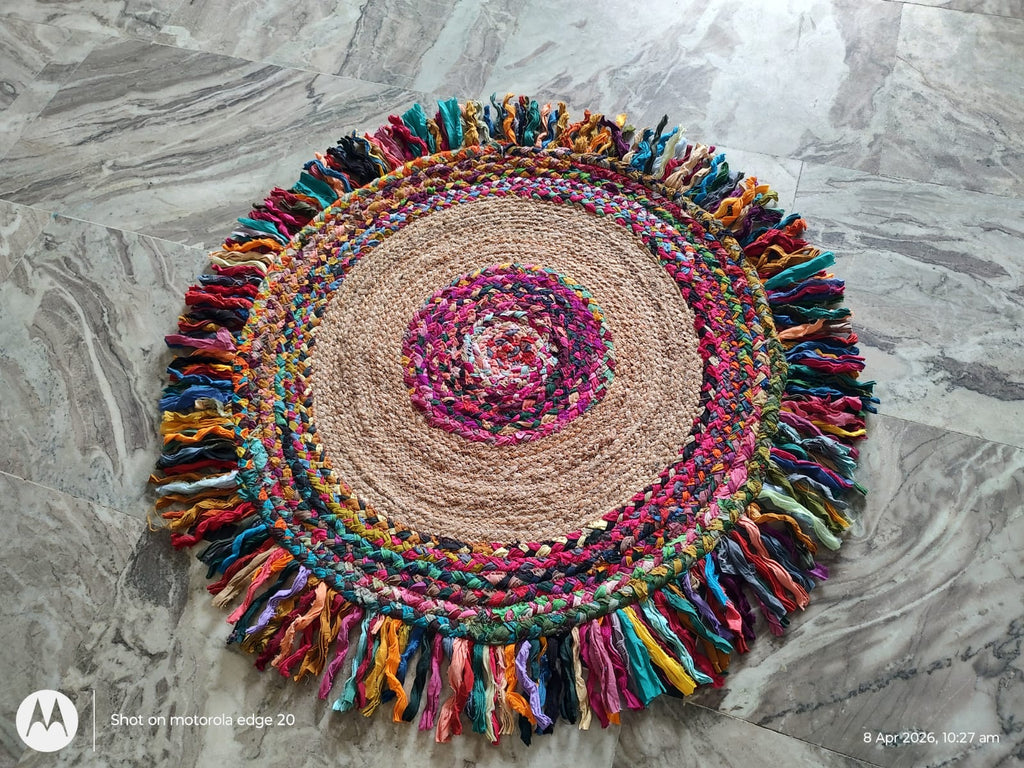 Premium Jute & Cotton Round Floor Mat | Handmade Home Decor