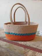 Natural Fiber Woven Bag with Orange and Blue Stripes