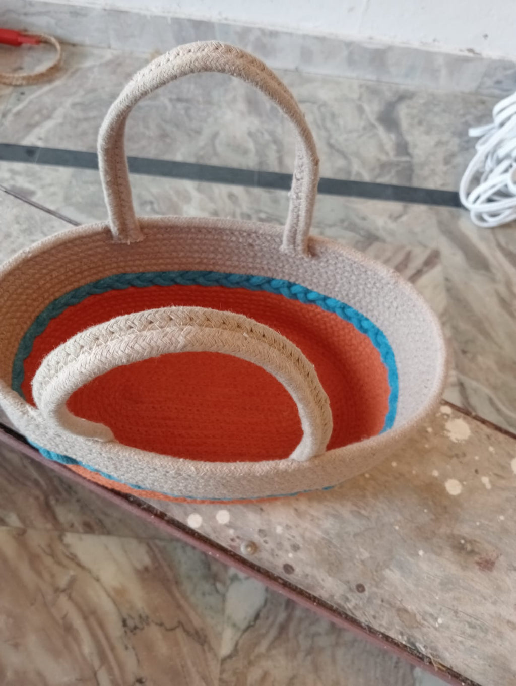 Natural Fiber Woven Bag with Orange and Blue Stripes