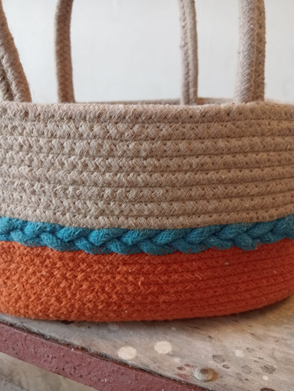 Natural Fiber Woven Bag with Orange and Blue Stripes