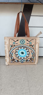 Blue Aura Embroidered Jute Tote