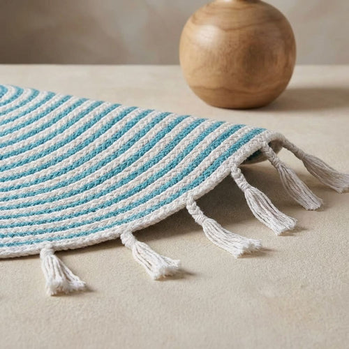 Aqua Blue And White Premium Cotton Floor Rug For Home Decor
