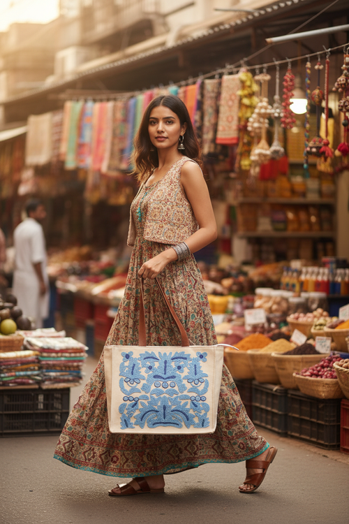 Azure Artisan Tote - Market Lifestyle Shot