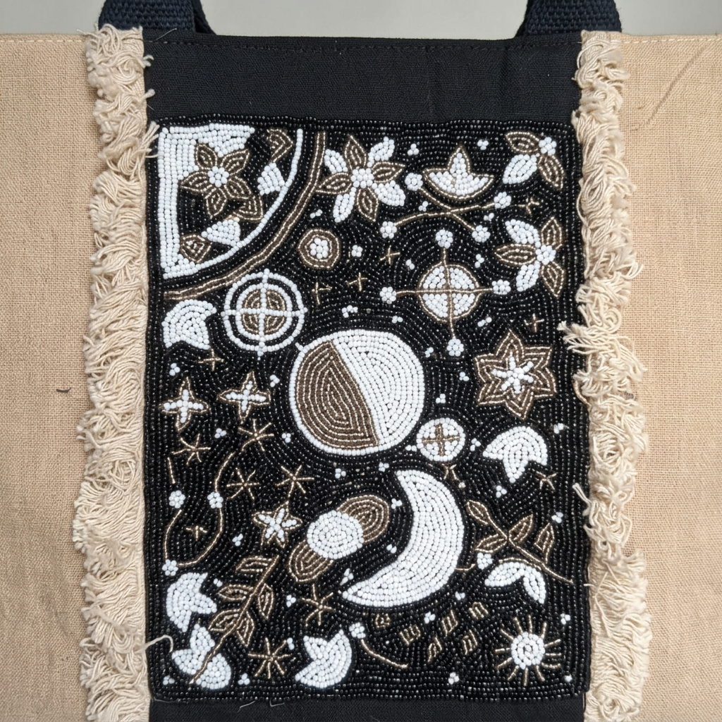 Celestial Print Beige Tote Bag with Black Handles