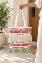 Blue and peach tote bag at a home entrance