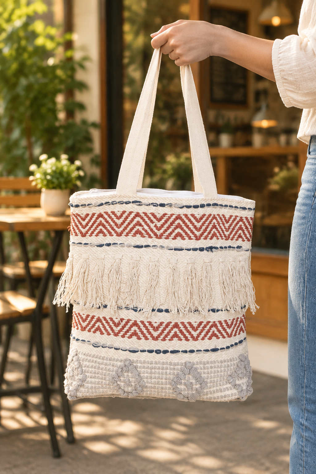 Blue and red tote bag at a cafe