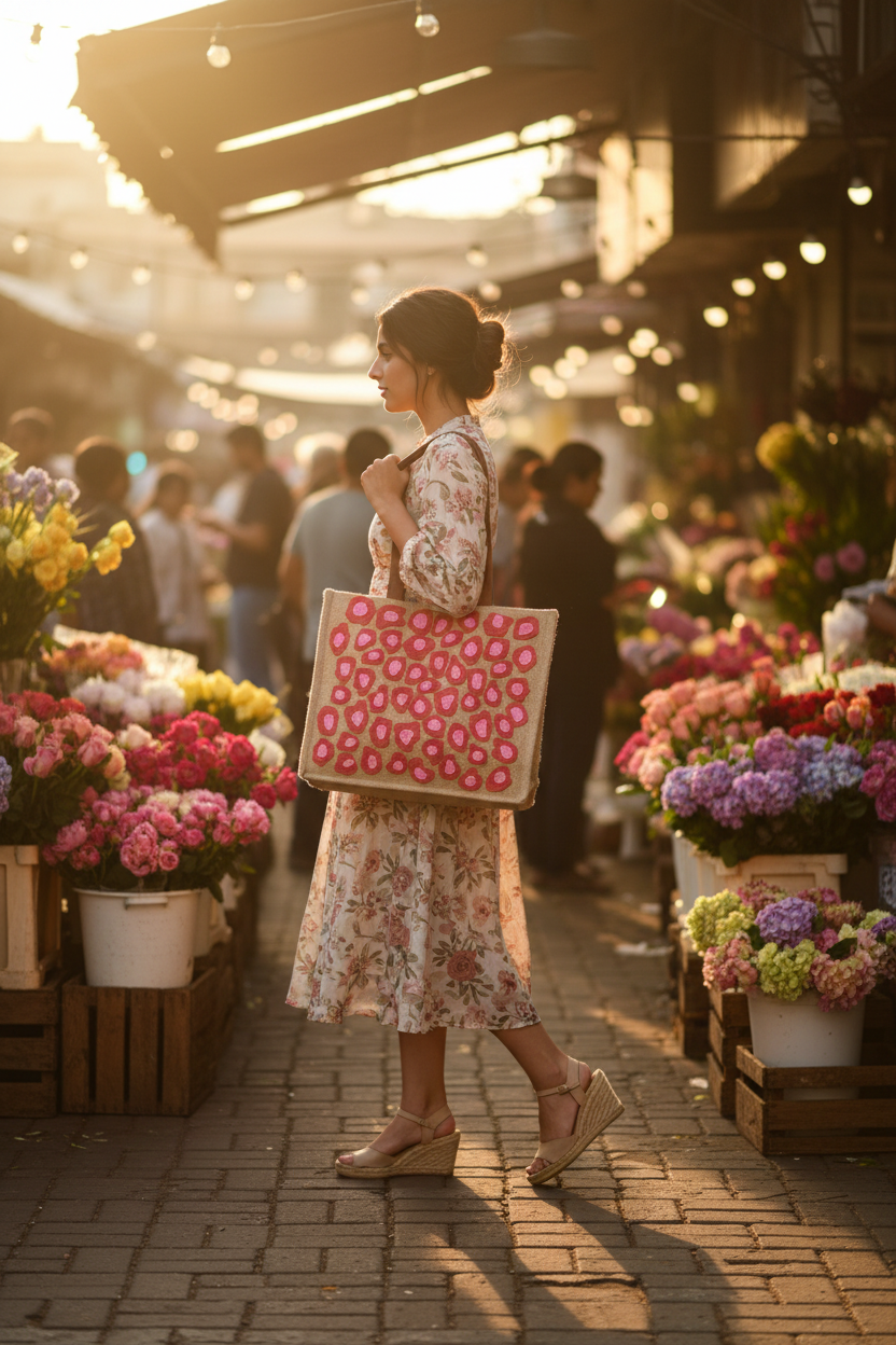 Blush Pebble Tote - Model at Flower Market