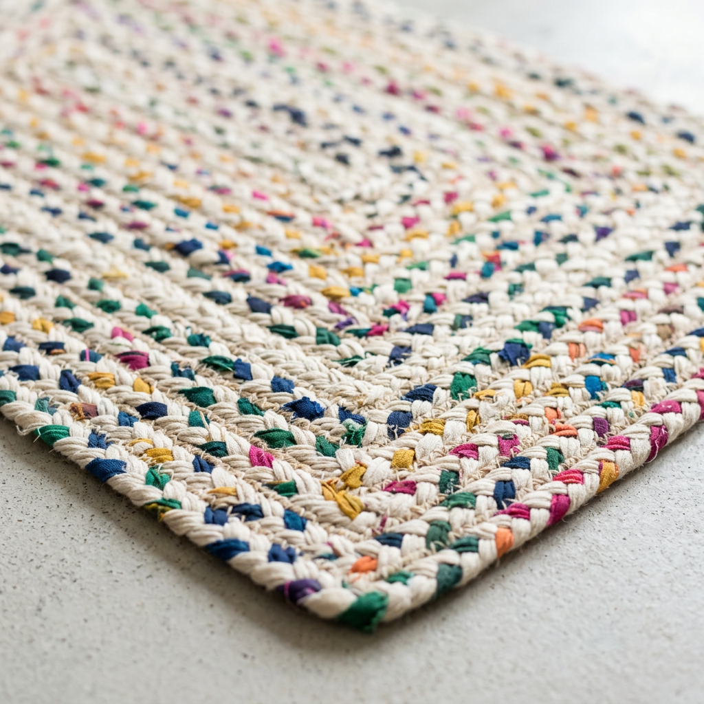 Handmade Rectangular Braided Floor Mat – Cream & Multicolour