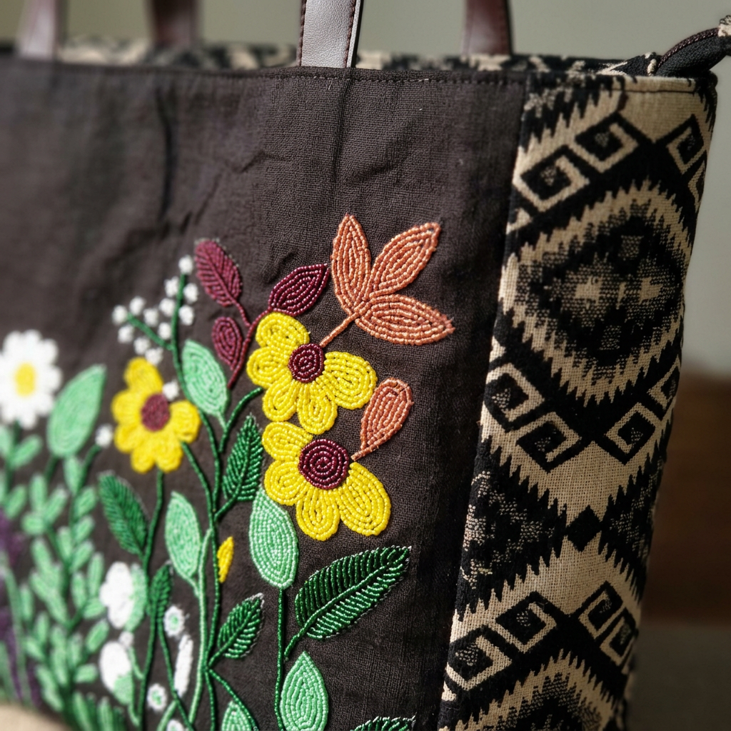 Floral Garden Embroidered Jacquard Tote Bag – Dark Brown