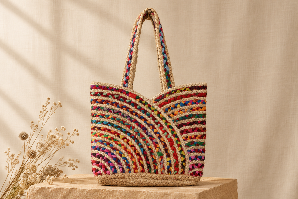 Full colorful braided tote styled on a sandstone plinth against a neutral linen backdrop