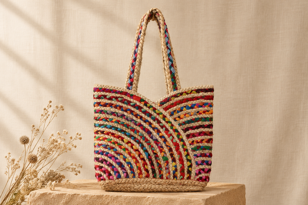 Full colorful braided tote styled on a sandstone plinth against a neutral linen backdrop