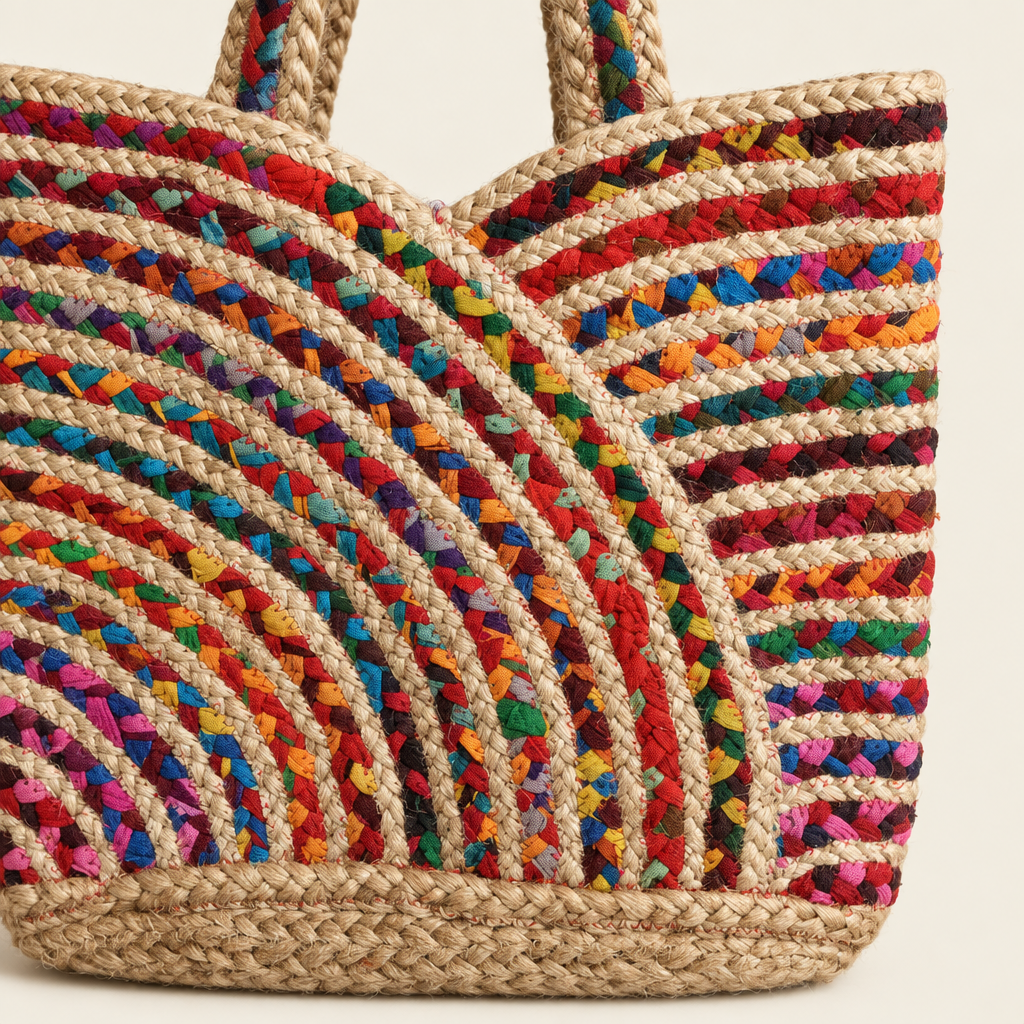 Close-up of colorful braided textile and natural tan braid on the tote bag