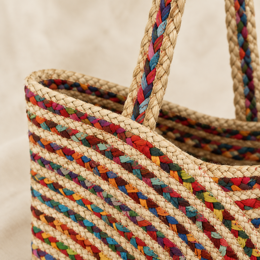 Angled close-up of the tote bag long braided handle and colorful top edge