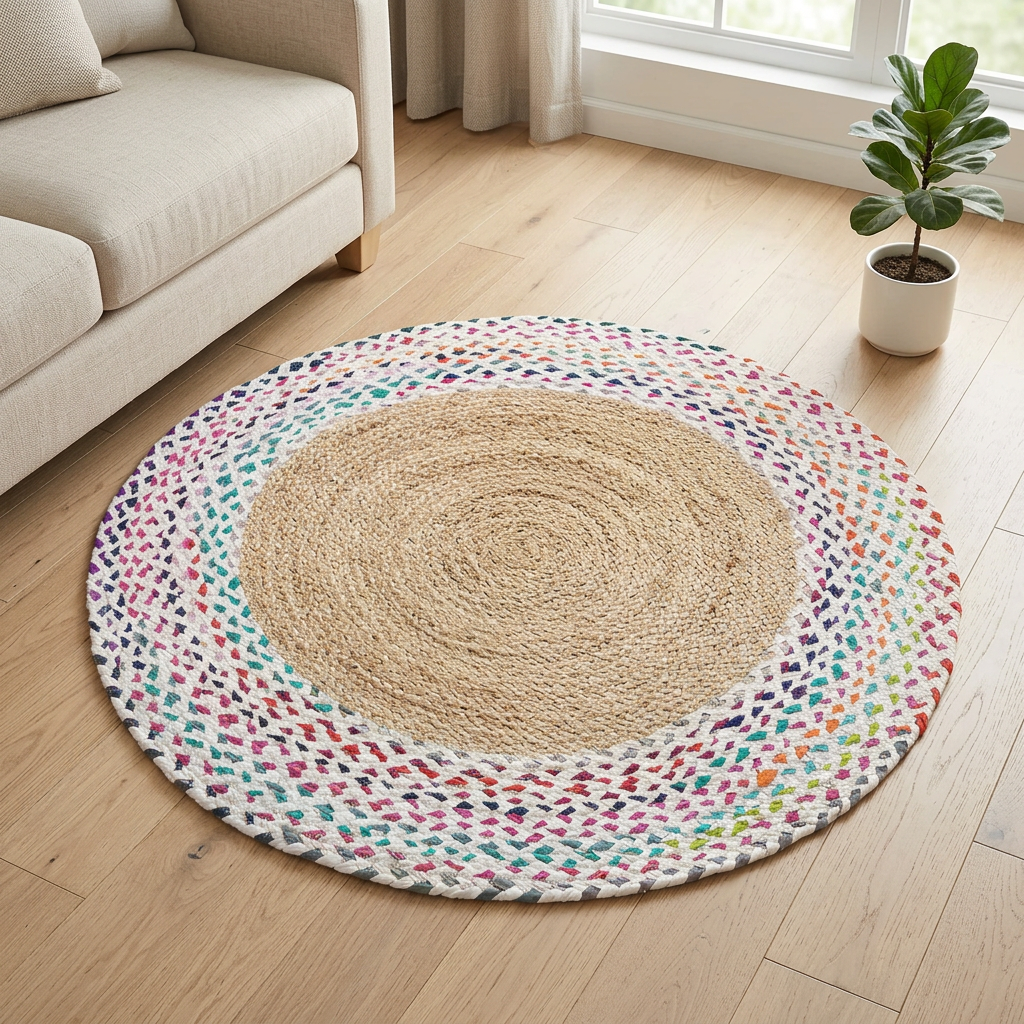 Round Braided Rug with Multicolour Border – 90 cm