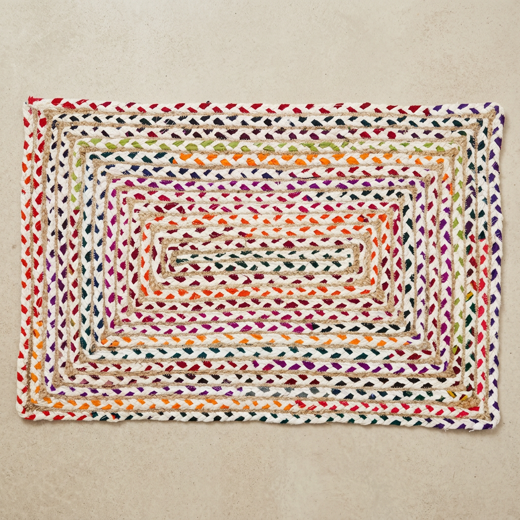 Handmade Rectangular Braided Floor Mat – Cream & Multicolour