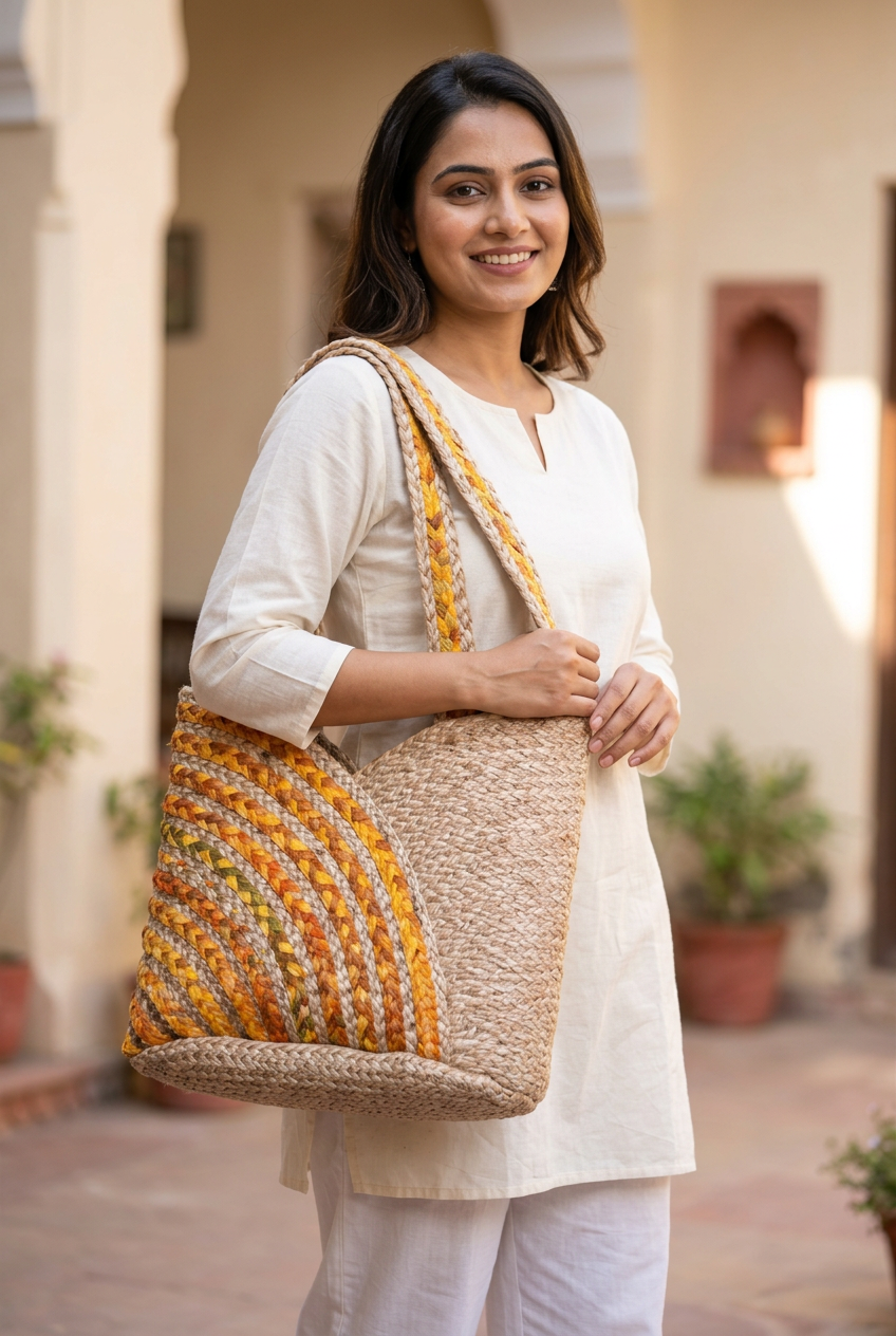 Model carrying braided tote bag