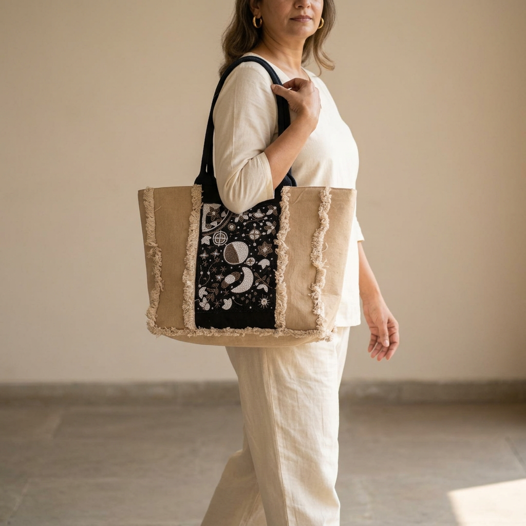 Celestial Print Beige Tote Bag with Black Handles